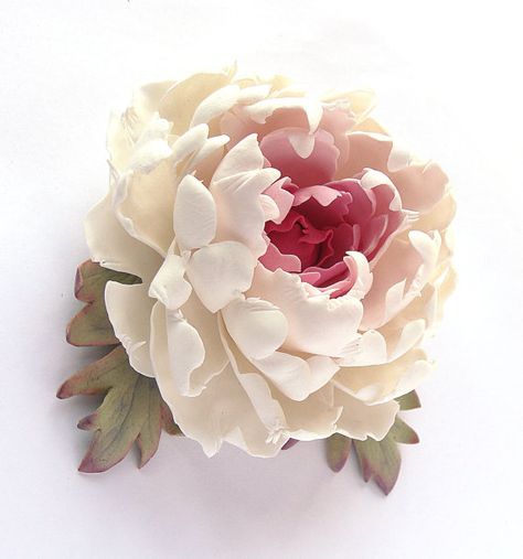 Polymer clay jewelry brooch. White - soft pink - red peony brooch "Viennese… Sugar Paste Flowers, Flori Fondant, Viennese Waltz, Polymer Flowers, Red Peony, Gum Paste Flowers, Jewelry Brooch, Clay Flower, Foam Flowers