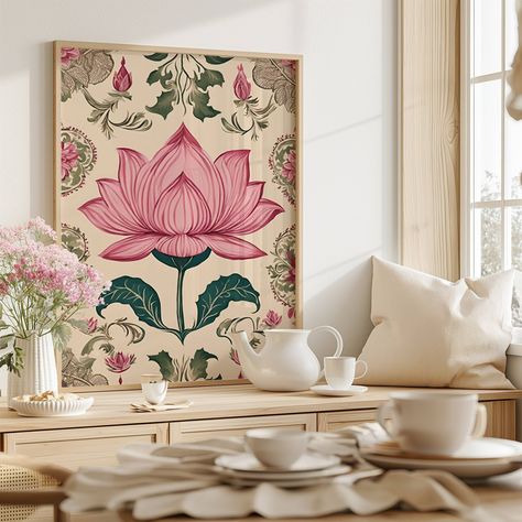 Indian Inspired Living Room, Pichwai Art Paintings, Indian Inspired Decor, Indian Lotus, Wall Art Indian, Painting Lotus, Pichwai Painting, Poster Living Room, Drawing Room Interior