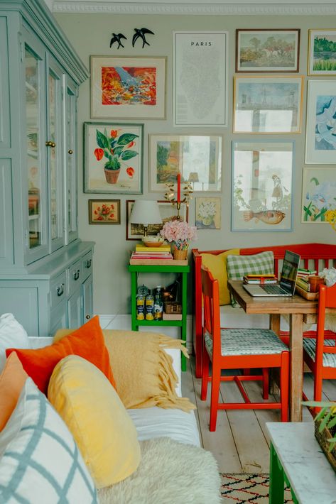 Sebastian Bergström's Tiny Swedish Apartment Bursts With Color | Cup of Jo Small House Tour, Living Room Office Space, Shelving Decor, The Jungalow, Wall Colours, Swedish Apartment, Bedroom Nook, Awesome Architecture, Cup Of Jo