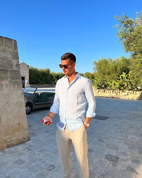 Mens Summer Dinner Outfit, Light Blue Linen Shirt Men, Mens Engagement Photo Outfits Summer, Men Rehearsal Dinner Outfit, Mens Summer Wedding Attire Guest Casual, Beach Wedding Guest Outfit Men, Men’s Engagement Photo Outfits, Old Money Sunglasses, Mens Cocktail Attire