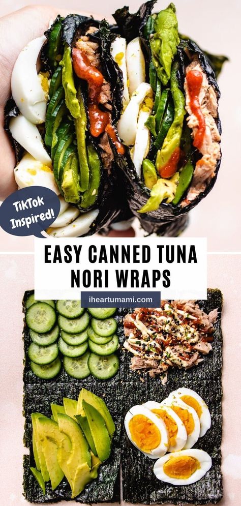 TikTok-inspired Nori Wraps with canned tuna are a fun way to make sushi! Pick-and-choose what goes into the sushi wraps for lunch in minutes! #sushi #nori #seaweed #lowcarb #keto #Whole30 #cannedtuna #tuna #seafood #lunch #snack Nori Tuna Wraps, Nori Snack Ideas, Seaweed Sushi Wrap, Seaweed Nori Recipe, Healthy Seaweed Wraps, Nori Lunch Ideas, Keto Seaweed Snacks, Nori Snacks Recipe, Salmon Nori Wrap