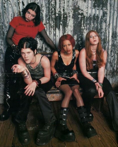 Nineties Violet 🔮 on Instagram: “Heavy metal band Kittie photographed in the late 1990s and early 2000s. Formed in Ontario, Canada in 1996 by sisters 15-year-old Morgan and…” The Craft Fashion, Mall Goth Outfits, 90s Mall Goth, Kittie Band, 2000s Goth, Metal Outfit, Band Outfits, Estilo Grunge, Riot Grrrl