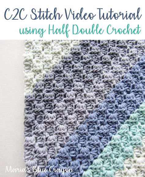 Pretty crochet stitch using half double crochets in the Corner to Corner method - Free Video Tutorial to learn! Double Crochet Patterns Free, Corner To Corner Half Double Crochet, C2c Crochet In The Round, How To Crochet C2c, Half Double Crochet Projects, Ctc Crochet Free Pattern, Half Double Crochet Granny Square Pattern, Crib Size Crochet Blanket Pattern, Yarn Bee Soft Secret Crochet Patterns