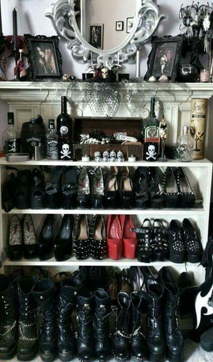 So many gorgeous heels! Woman Cave, Style Emo, Gothic Bedroom, Goth Shoes, Gothic Shoes, Goth Home, Goth Home Decor, Gothic Decor, Gothic Home Decor
