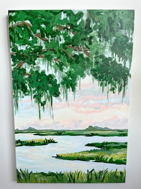 Fine art print. Not a digital download.  South Carolina lowcountry, Beaufort. This is a print of the original made with acrylic. Soft pastel sky with live oak tree and Spanish moss.  Acid-free, pH-neutral papers, giclee with archival pigment inks Low Country Design, Low Country Decor, Low Country Art, Florida Scenery, Marsh Art, Live Oak Tree, South Carolina Art, South Carolina Lowcountry, Diy Beach Decor