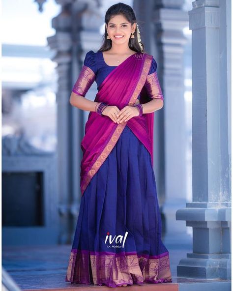 Simple Half Saree Designs South Indian, Half Saree Designs Simple, Half Saree Designs South Indian, South Indian Half Saree, Dhavani Designs, Indian Half Saree, Traditional Half Saree Designs, Cotton Half Saree, Traditional Half Saree