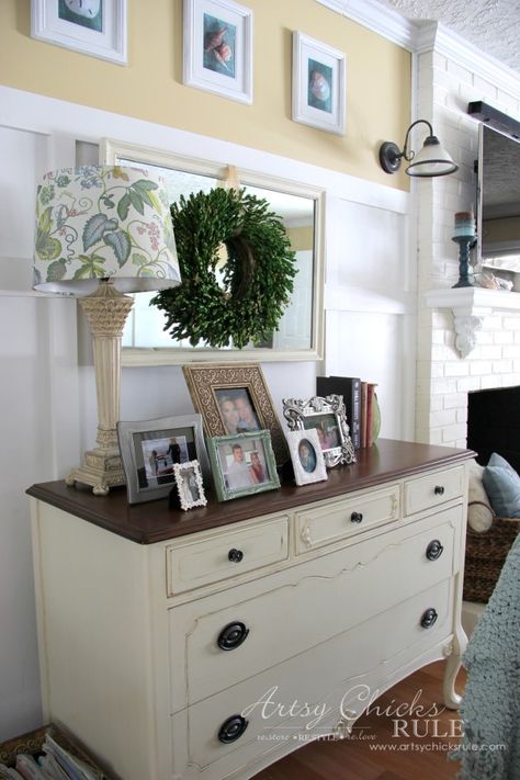 Family Room Makeover (Before and After) Rustic Apartment Decor, Dresser In Living Room, Family Room Makeover, Rustic Apartment, Diy Dining Room, Makeover Before And After, Favorite Paint Colors, Dresser Makeover, Favorite Paint