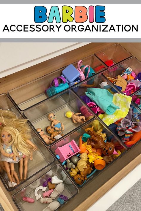 Transform your child's play space with these practical and imaginative Barbie organization ideas. Whether you're in search of the perfect storage solutions or aiming to showcase your entire Barbie collection, unlock the secrets to maintaining order and achieving a beautifully organized environment. Dive into this post filled with creative storage bin ideas, label suggestions, and more, turning the organization into an enjoyable and efficient process! Barbie Play Area Organization, Barbie Clothes Organization, My Life Doll Storage Ideas, Barbie Organization Ideas Storage, Barbie Play Area, Barbie Accessories Storage, Barbie Organization Ideas, Barbie Storage Ideas, Storage Bin Ideas