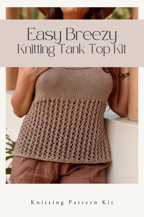 Here’s a knitting kit for an easy beginner level tank top to knit. Make in the color as shown or choose your favorite color of yarn. It can be made in sizes XS to 5XL. #knitting Tank Top Knitting Pattern Free, Tank Top Knitting Pattern, Knit Tank Top Pattern, Top Knitting Pattern, Tank Top Pattern, Knitted Clothes, Knitting Kit, Knit Tank Top, Easy Breezy