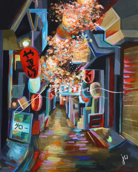 This artwork, 'Neon Dreams', is a print of an original acrylic painting by Japan/UK-based artist, Jenna Wallace.  "Alive with colour and light, Tokyo will always be one of my favourite places to be. With neon lights and lanterns illuminating the cherry blossom, I wanted this painting to capture the wonder I felt exploring Tokyo's streets. I enjoyed experimenting with colour to express the vibrant nature of this dynamic city." Nature, Japanese Acrylic Painting, Japanese City Street, Dreams Painting, Japanese City, Places To Be, Dream Painting, Tokyo Street, Japanese Streets