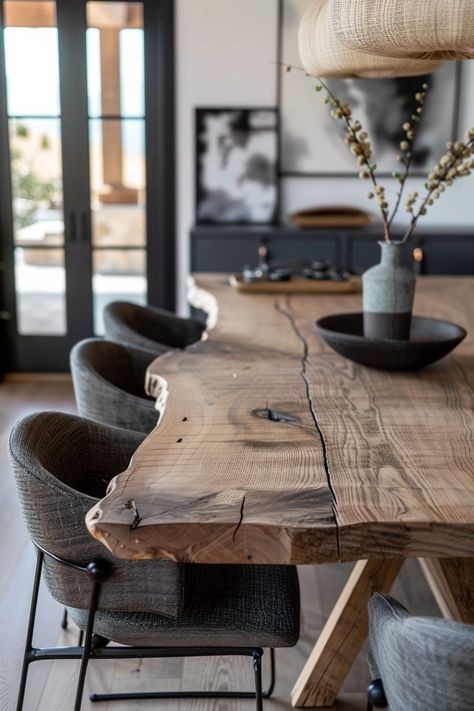 15 Organic Modern Dining Rooms That Will Make You Want to Redecorate Today Tamarindo, Mountain Modern Dining Table, Live Edge Dining Table Decor, Moody Organic Modern Kitchen, Natural Modern Decor, Organic Modern Inspiration, Diy Large Dining Table, Organic Rustic Decor, Diy Live Edge Dining Table