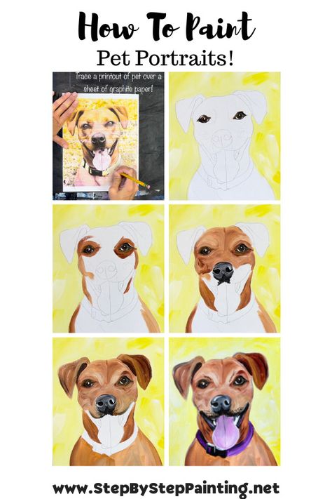 How To Paint A Pet Portrait, Painting A Dog Portrait, Pet Canvas Painting, Paint Your Dog Pet Portraits Diy, Diy Dog Portrait How To Paint, Cute Animal Acrylic Paintings, Paint Your Pet Tutorial, How To Paint A Dog Portrait, How To Paint A Dog Step By Step