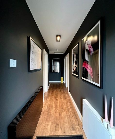 Dark Colour Hallway Ideas, Coloured Hallway Ideas, Dark Hallway Colour Schemes, Dark Grey Entrance Hall, Black And Grey Hallway Ideas, Small Entry Paint Colors, Dark Wall Hallway, Dark Small Hallway Ideas, Colours For Dark Hallways