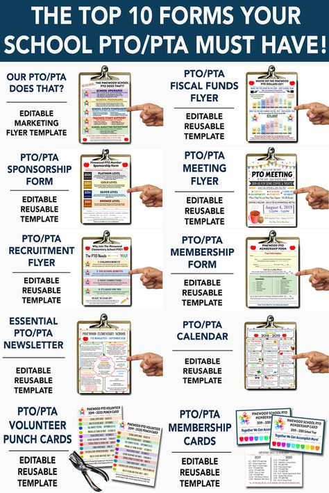 All the essential pto pta forms you need!  Editable templates for your school pto pta organization.  Marketing membership donation financial forms and more!! Pto Secretary Binder, Pta Binder Organization Free Printables, Pto Forms Free Printable, Pto Recruitment Ideas, Pto Communication, Pta Membership Ideas, Pto Forms, Pto Fundraising Ideas, Pto Membership