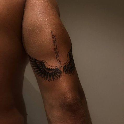 Wings Tattoo Ideas For Men, Wings Arm Tattoo Men, Wings Tricep Tattoo, Wings On Tricep Tattoo, Minimal Shoulder Tattoo Men, Tattoo On Tricep For Men, Fine Line Elbow Tattoo, Family Names Tattoo Ideas, Wing Tattoo Leg