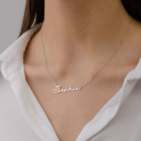 "♥Name Necklace ♥ * Material: High Quality Solid 925 Sterling Silver * Finish: Sterling Silver ∙ 18K Gold ∙ Rose Gold * All our jewelry is made by hand with Love STERLING SILVER 925 ♥ We use real Sterling Silver 925 ♥ ♥ How to customize Order? ♥ 1) Select Color 2) Select Chain length 3) Click \"Add to Cart\" 3) Will need work name or letters write to the text box (like: Alis ♥ Laura -S♥G ) 4) Checkout 5) Complete order ♥ Shipping & Package ♥ * Your order will be shipped within 5 days (on bus Silver Necklace With Name, Silver Chain For Women Unique, Name Chain, Silver Name Necklace, Name Necklace Silver, Handwriting Necklace, Sterling Silver Name Necklace, Signature Necklace, Nameplate Necklace