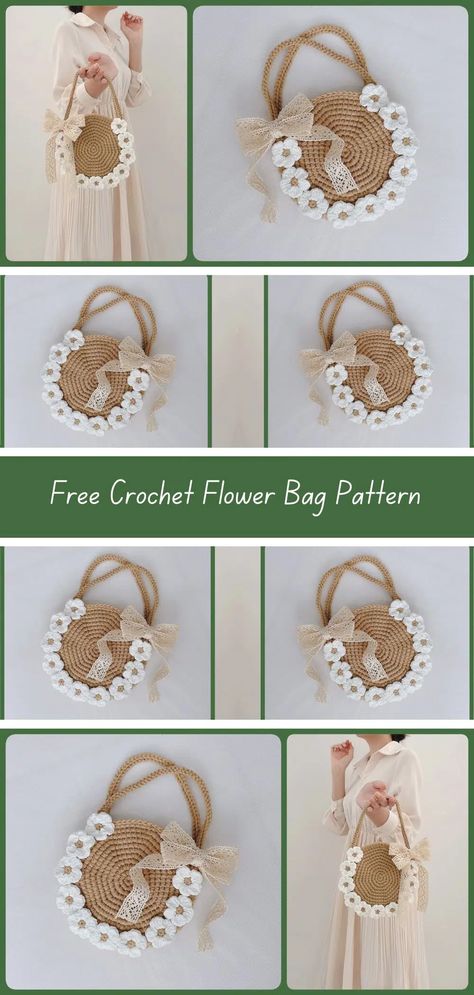 Free Crochet Flower Bag Pattern - Crocheted World Crochet Flower Bag Pattern Free, Flower Bag Pattern, Crochet Flower Purse, Crochet Flower Bag, Free Crochet Flower, Bag Pattern Crochet, Crochet Drawstring Bag, Flower Purses, Crochet Bag Pattern Free