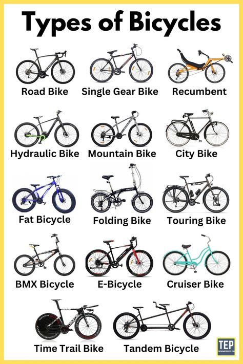 Cycles | Types of Cycles | Different Types of Cycles | Road Bike | Single Gear Cycle | Recumbent Cycle | Mountain Bike | City Bike | Folding Cycle | Touring Bike | Electric Bike | Cruiser Bike | Time Trail Bike | Tandem Bicycle Parts Of A Bicycle, Bicycle Reference, Single Gear Bike, Fixie Wheels, Race Bike Cycling, Adventure Bicycle, Bike Types, Types Of Bicycles, Bike Tricks