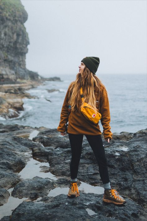 Image of a person hiking during a autumn. They are wearing a stylish outfit featuring Fjallraven gear, Columbia clothing, and Danner boots Ushuaia, Danner Hiking Boots Outfit, Cold Day Hiking Outfit, Hoka Hiking Boots Outfit, Columbia Boots Outfit, Columbia Boots Woman Outfit, Comfy Hiking Outfit, Timberland Hiking Boots Outfit, Flannel Hiking Outfit