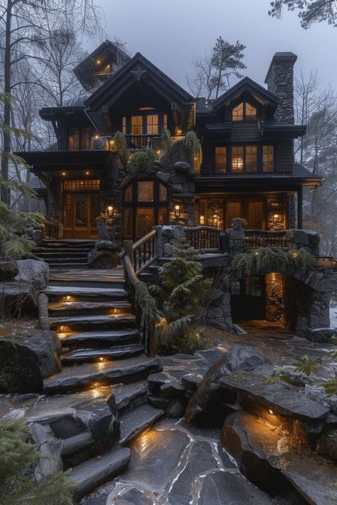 Dark House Exterior In The Woods, Dark Academia House Exterior, Design Patio Ideas, Backyard Patio Lights, Houses In The Woods, Aesthetic Patio, Patio Aesthetic, Patio Decorations, Fairytale Houses