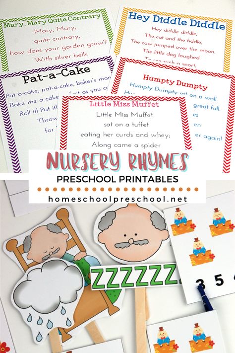 These preschool nursery rhymes activities are so much fun for little ones. Practice early literacy and math skills with your favorite Mother Goose rhymes! #preschoolnurseryrhymes #preschoolmothergoose #nurseryrhymes #homeschoolprek Nursery Rhymes Preschool Lesson Plans, Nursery Education Activities, Mother Goose Activities For Preschool, Nursery Rhyme Lesson Plans For Preschool, Mother Goose Nursery Rhymes Crafts, Preschool Nursery Rhyme Activities, Preschool Nursery Rhymes, Preschool Rhyming, Nursery Rhymes Preschool Activities