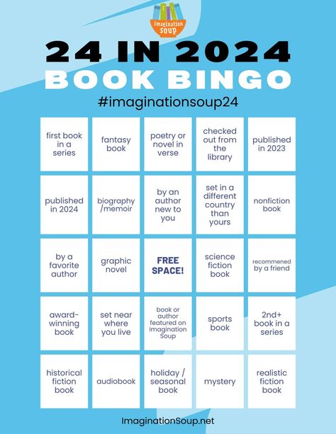 Imagination Soup's 24 in ‘24 Reading Challenge Book Bingo for Adults - Imagination Soup Tbr Board Games, Summer Reading Challenge For Adults, Book Club Ideas Hosting Games, Book Bingo Challenge, Book Challenge Template, Reading Bingo Challenge, Book Club Ideas Hosting, Book Bingo, Reading Bingo