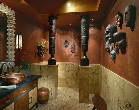 Pacific Island masks along with a pair of African drums in the powder room! Powder Room Design Ideas, African Interior Design, Decor Baie, African Inspired Decor, Tropical Bathroom, African Interior, African Theme, African Home Decor, Powder Room Design