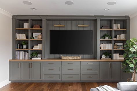 Midway Magic — Kimberly Parker Design Tv Room Cabinets Built Ins, Office Built Ins With Tv, Living Room Built Ins Modern, Custom Entertainment Center Built Ins, Family Room Built Ins With Tv, Basement Built Ins With Tv, Living Room Built Ins With Tv, Tv Built In Wall Unit, Rec Room Basement