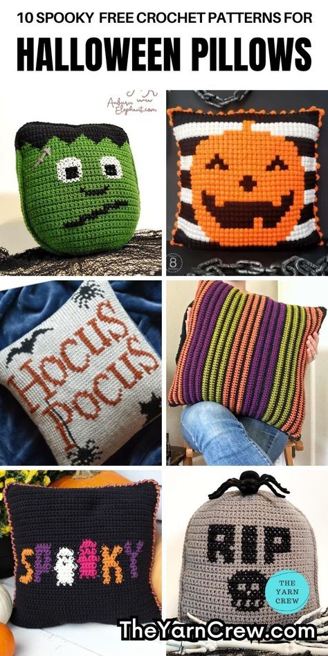 Elevate your Halloween decor game with these boo-tiful crochet pillows that instantly add handmade magic to your home. Curated by The Yarn Crew. Halloween Crochet Pillow Patterns Free, Crochet Halloween Pillow Patterns Free, Halloween Pillow Patterns, Crochet Halloween Pillow, Halloween Crochet Patterns Free, Fall Crochet Ideas, Free Crochet Halloween, Crocheted Halloween, Crochet Halloween Patterns Free