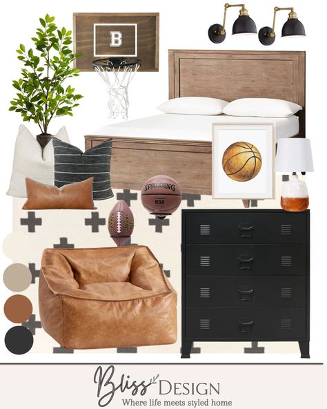 Pottery Barn Teen Boys Bedroom, Dark Moody Masculine Bedroom, Vintage Sports Bedroom For Boys, Sports Theme Bedroom For Boys, Toddler Boy Sports Bedroom, Sport Themed Room, Sports Mural Wall, Vintage Sports Room Boys, Rustic Sports Bedroom