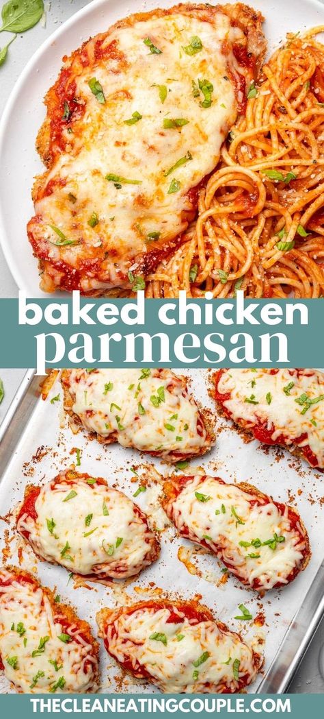 This Baked Chicken Parmesan recipe is so easy to make! Perfectly crispy, coated with a delicious sauce and cheese for a healthy dinner! Serve with pasta or a salad for a healthy dinner. You can make it with chicken breasts or tenders! Essen, Crispy Chicken Parmesan Recipe, Baked Chicken Parmesan Recipe, Baked Parmesan Crusted Chicken, Chicken Parmesan Recipe Baked, Resep Pasta, Healthy Chicken Parmesan, Chicken Parmesan Recipe, Parmesan Recipe