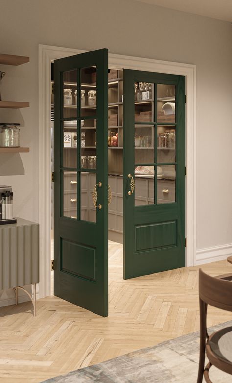 double glass door Interior Glass Panel Doors, Grid Glass Door, Green Indoor Doors, French Glass Door, Wooden Crittal Style Doors, Internal House Doors, Green Kitchen Door, Cafe Doors Ideas, Double Internal Doors