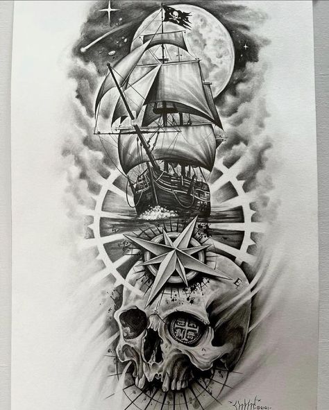 Art || Tatoos on Instagram: “1-6, Which one you prefer? 🖤 ~ Follow @artblackwhte Follow @artblackwhte ~ Credits: @slickphillips_art ~ #art #artist #artworld #artwork…” Compass Rose Art, Kurt Tattoo, Ship Tattoo Sleeves, Nautical Sleeve, Bold Tattoos, Pirate Skull Tattoos, Pirate Ship Tattoos, Pirate Ship Tattoo, Nautical Tattoo Sleeve