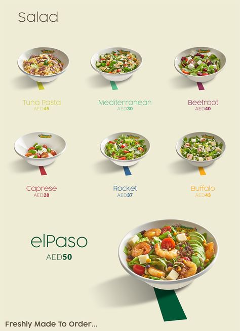 Salad Menu on Behance Buga, Logos, Healthy Menu Design, Salad Poster Design, Salad Menu Design, Unique Menu Design, Salad Branding, Salad Names, Salad Photography