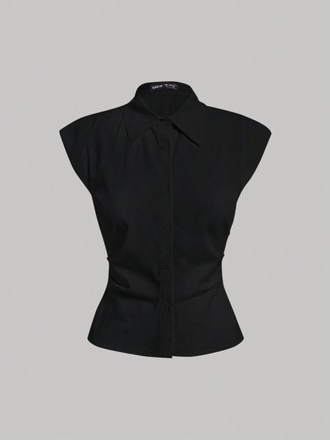 Black Casual Collar Cap Sleeve Woven Fabric Plain Shirt Embellished Non-Stretch  Women Clothing Oxford Shirt Women, Black Collared Shirt, High Collar Shirts, Black Oxfords, Plain Shirt, Classy Aesthetic, Plain Shirts, Women Blouses, Black Shirt Dress