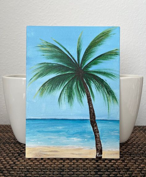 Small Original Acrylic Beach Painting Palm Tree Art 5x7 - Etsy Acrylic Beach Painting, Palm Tree Painting, Plam Tree, Painting On A Canvas, Small Easel, Palm Trees Painting, Palm Tree Art, Palm Trees Beach, 수채화 그림