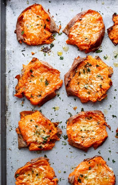 Nigel Slater, Potatoes With Parmesan Cheese, Smashed Sweet Potatoes, Plat Vegan, Baked Sweet Potatoes, Thanksgiving Appetizers, Think Food, Potato Dishes, Sweet Potato Recipes