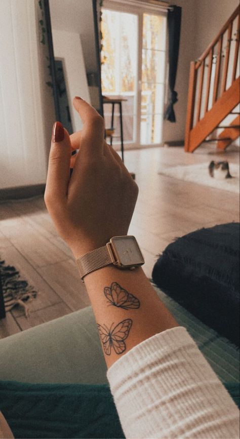 Tattoo Ideas Female Wrist Butterfly, Small Arm Butterfly Tattoos For Women, Tattoo Ideas Butterfly And Flowers, Butterfly Tattoo Women Arm, Butterfly Tattoo Around Wrist, Buttflies Tattoo On Arm, Arm Tatts For Women, Scattered Butterfly Tattoo, Two Butterflies Tattoo Arm