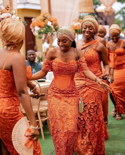 Stunning And Best Styles For Burnt Orange Asoebi Fabrics. Orange Asoebi, Nigerian Bridesmaid, Nigerian Bridesmaid Dresses, Lace Styles For Wedding, African Bridesmaids, Nigerian Wedding Dress, Aso Ebi Lace Styles, Orange Lace Dress, African Bridesmaid Dresses