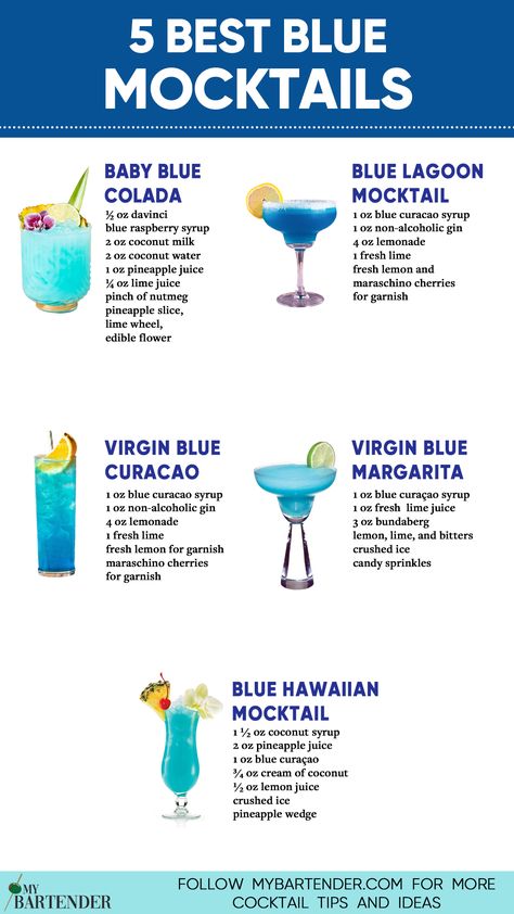 Blue Mocktails Blue Mocktail, Mocktail Drinks, Bartender Drinks, Alcohol Free Drinks, Mocktail Recipes, Drink Recipes Nonalcoholic, Yummy Alcoholic Drinks, Blue Drinks, Refreshing Drinks Recipes