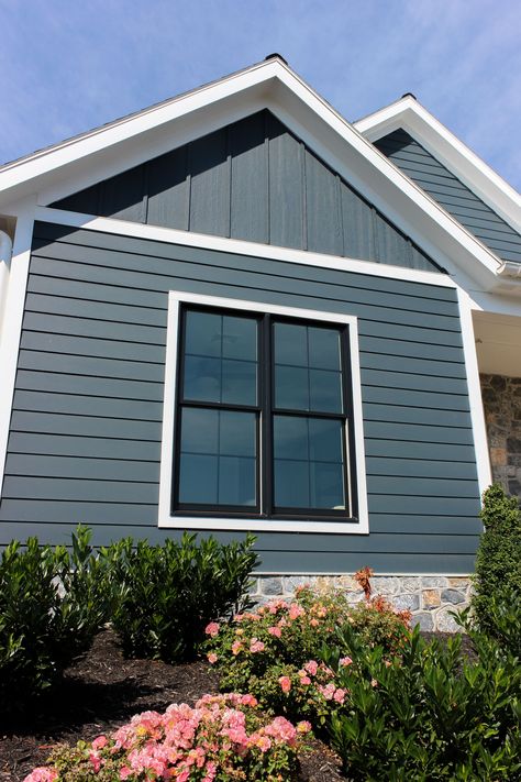 Exterior Batten Board Siding, Decorative Siding Exterior, Board And Batten And Horizontal Siding Exterior, Ranch House With Vinyl Siding, Horizontal Siding With Board And Batten Gables, Gentek Siding Moonlit Moss, Peak Siding Ideas, Board And Batten Accent Exterior, Peak Of House Exterior