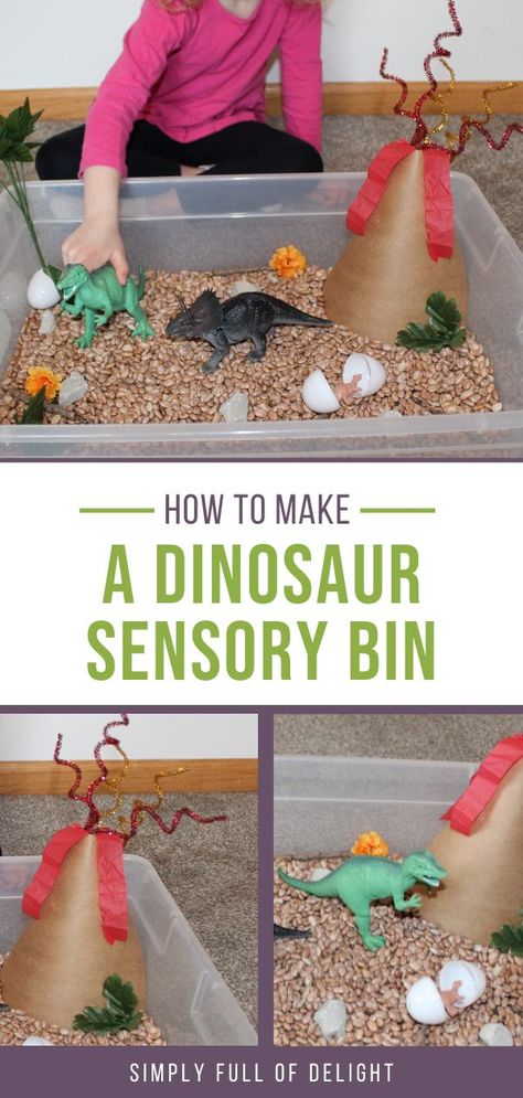 how to make a dinosaur sensory bin Diy Dinosaur Sensory Bin, Dino Small World, Dinosaur Preschool Sensory, Dinasour Table Sensory Play, Dinosaur Food Activities Preschool, Dinosaur Themed Sensory Play, Volcano Sensory Play, Dinasour Sensory Bins, Dinosaur Activities For One Year Olds