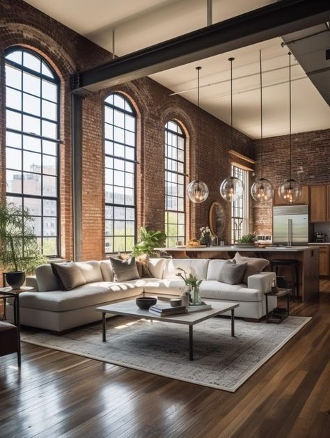 Manhattan Style Apartment, Brick Exposed Wall Interiors, New York Loft Interior Design, Interior Design Loft Apartment, Brick Wall Loft Decor, Work Live Loft, Classic Loft Interior Design, Philadelphia Loft Apartment, New York City Loft Aesthetic