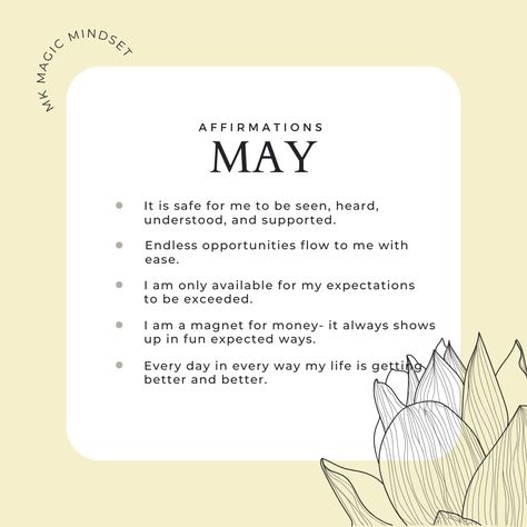 Here are some affirmations to play around with this month. Let me know your favorite(s). #mkmagicmindset #affirmationsoftheday #affirmationoftheday #monthlyaffirmation #affirmationpositive #positiveaffirmations Monthly Affirmations, May Month, Sister Circle, Month Meaning, Affirmation Of The Day, Affirmations For Happiness, Monthly Themes, Journal Diary, Self Care Activities