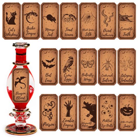 PRICES MAY VARY. Apothecary Supplies: Package with 90 pieces of animal apothecary stickers in 18 different style,5 pieces per style.Sufficient quantity and various styles can meet your needs. High Quality Apothecary Labels: Halloween poison bottle stickers are made of high quality coated paper material, not easy to damp, fade or break. The size of each Halloween label sticker is 3.15 x 1.57 inch,suitable for small size wine bottles or glass bottles. Vintage Halloween Decor: these bottle labels s Halloween Labels, Potions Labels, Halloween Apothecary Labels, Halloween Bottle Labels, Halloween Apothecary, Apothecary Labels, Potion Labels, Halloween Bottles, Scary Decorations