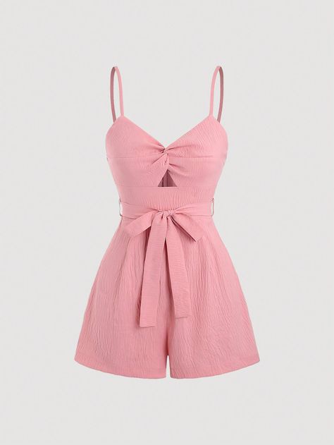 SHEIN MOD Women's Front Knot Spaghetti Strap RomperI discovered amazing products on SHEIN.com, come check them out! Fancy Outfits Female, Cute Summer Rompers, Spaghetti Strap Rompers, Pink Romper, Pink Jumpsuit, Stylish Work Outfits, Fantasy Dress, Indie Outfits, Baddie Outfits Casual