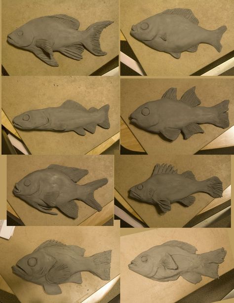 After finishing the head portion of I Remember , I went on to create the hanging fish. The fish will never actually hang; the strings will b... Clay Lesson, Clay Fish, Kids Clay, Pottery Animals, Tanah Liat, Sculptures Céramiques, Keramik Design, Fish Sculpture, Ceramic Fish