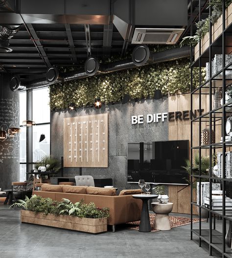 Open Office Partition Design, Modern Workplace Design, Feminine Industrial Office, Greenery Wall Office, Playful Office Design, 8x8 Office Layout, Modern Moody Office, Home Office Podcast Studio, Picture Wall Office