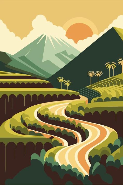 rice field terraces in mountains landscape poster vector flat color illustration background Vector Scenery Illustrations, Nature Graphic Design Poster, Illustrator Illustration Vector, Vector Poster Illustration, Graphic Landscape Illustration, Vector Drawing Illustrators, Flat Landscape Design, Flat Design Illustration Landscape, Flat Illustration Poster