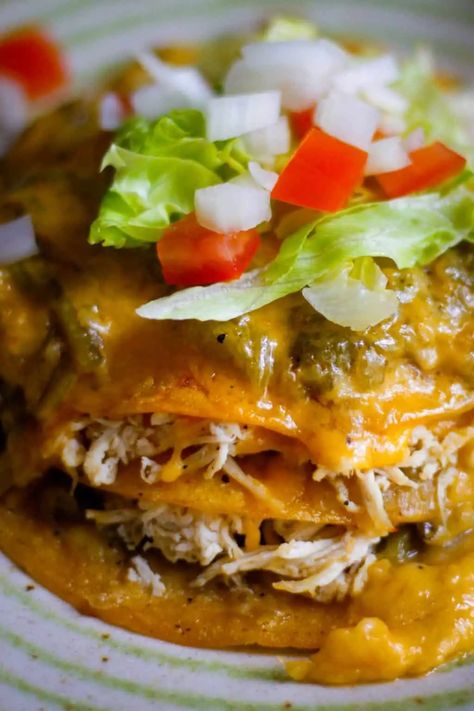 New Mexico Green Chile Stacked Chicken Enchilada Recipe - Explore Cook Eat Stacked Enchiladas Chicken, Green Chilli Chicken Enchiladas, Homemade Green Chili, Stacked Enchiladas, Green Chili Chicken Enchiladas, New Mexico Green Chile, Green Chili Enchiladas, Green Chile Enchilada Sauce, Pork Enchiladas